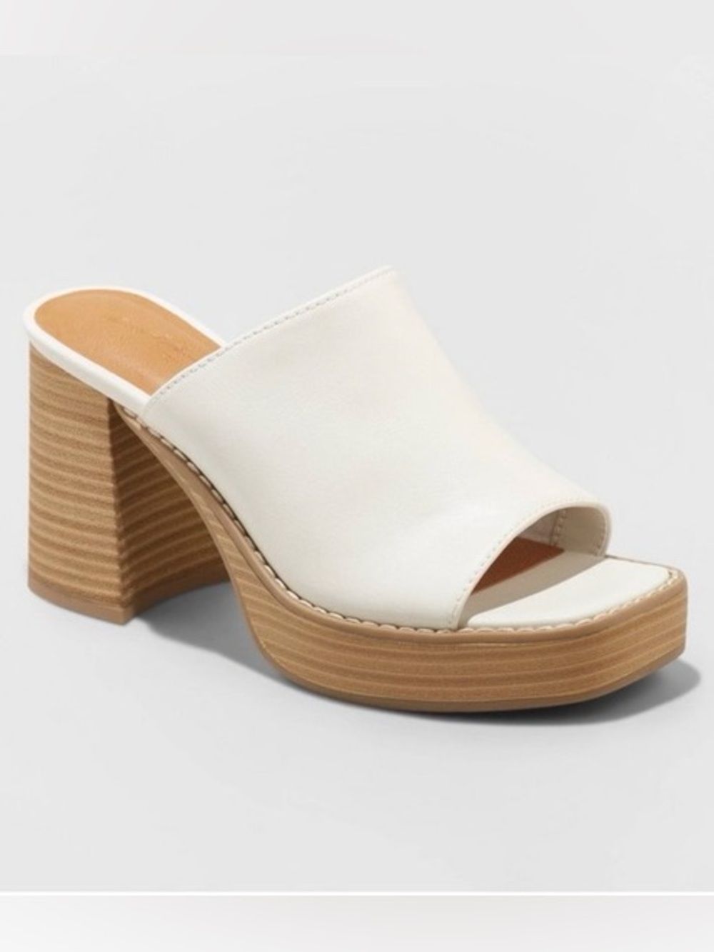 Universal Thread White Open-Toe Platform Mule with Wood-Look Block Heel